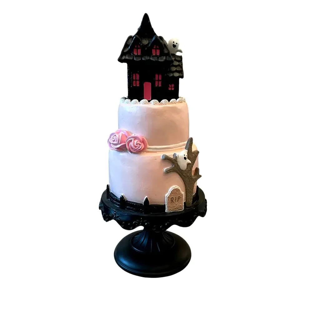 Viral Pink & Black Halloween Haunted House Faux Cake 22in Glitter Ghosts NEW